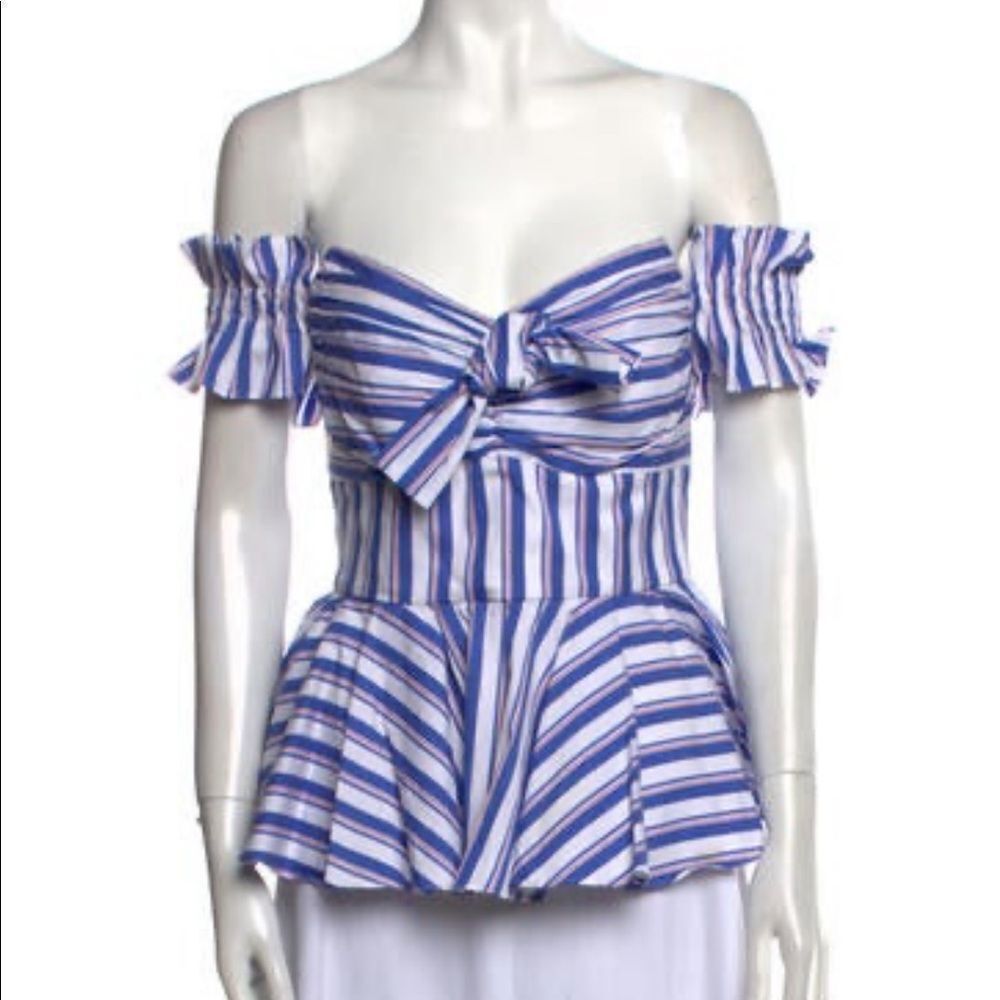 Caroline Constas Striped Off The Shoulder Blouse White Blue Cotton Size Medium